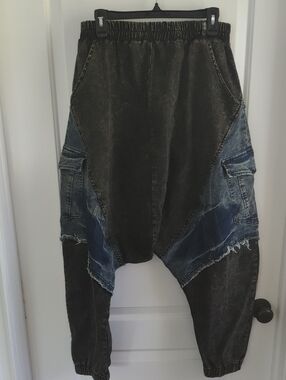 Elastic Waist Fraed Patchwork Spliced Denim Harem Pants NWT